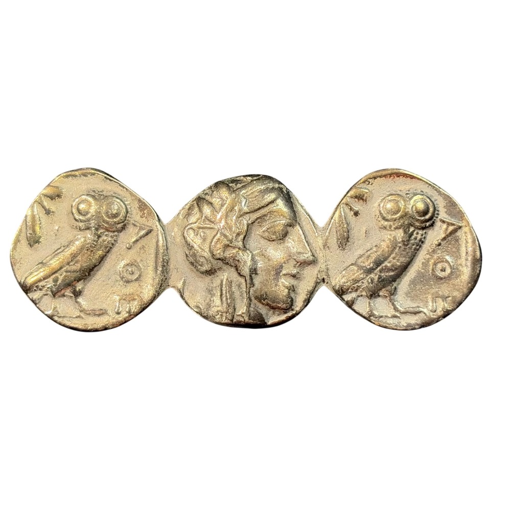 Alva Studios Greek Coin Brooch Athena Owl Museum Replica Silver Tone Vintage